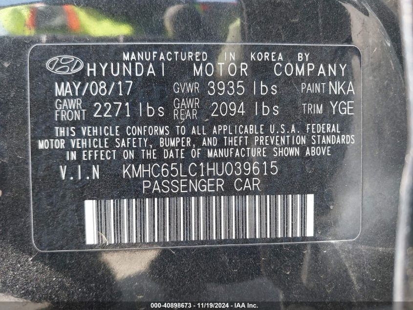 2017 Hyundai Ioniq Hybrid Blue VIN: KMHC65LC1HU039615 Lot: 40898673