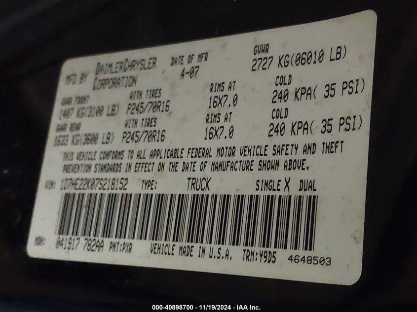 2007 Dodge Dakota St VIN: 1D7HE22K07S218152 Lot: 40898700