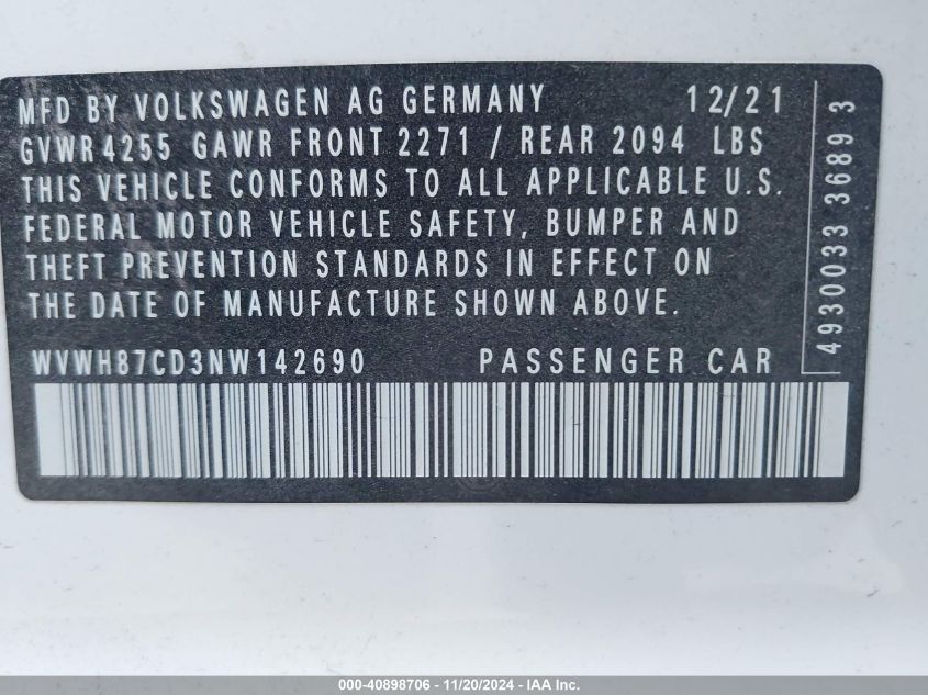 2022 Volkswagen Golf Gti 2.0T S VIN: WVWH87CD3NW142690 Lot: 40898706