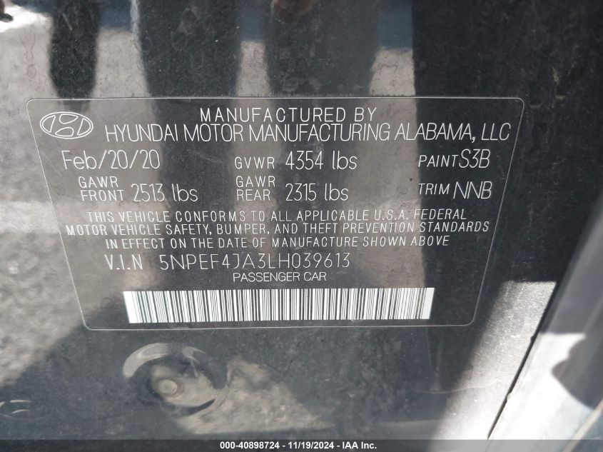 2020 Hyundai Sonata Sel VIN: 5NPEF4JA3LH039613 Lot: 40898724