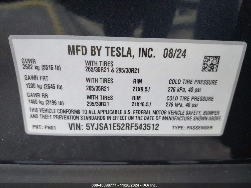 2024 Tesla Model S Long Range VIN: 5YJSA1E52RF543512 Lot: 40898777