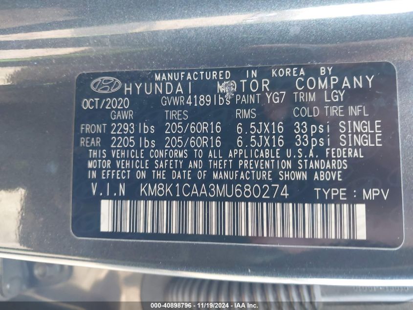 2021 Hyundai Kona Se VIN: KM8K1CAA3MU680274 Lot: 40898796