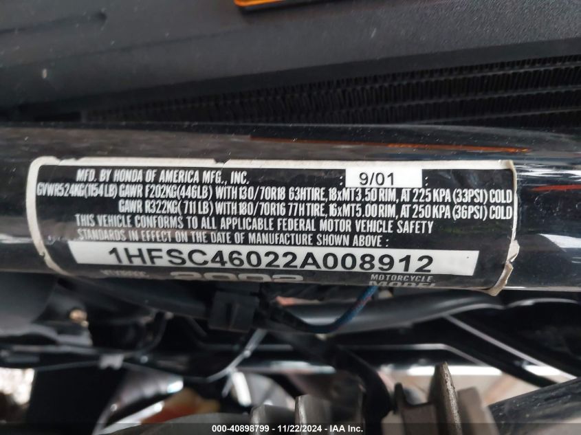 2002 Honda Vtx1800 C VIN: 1HFSC46022A008912 Lot: 40898799