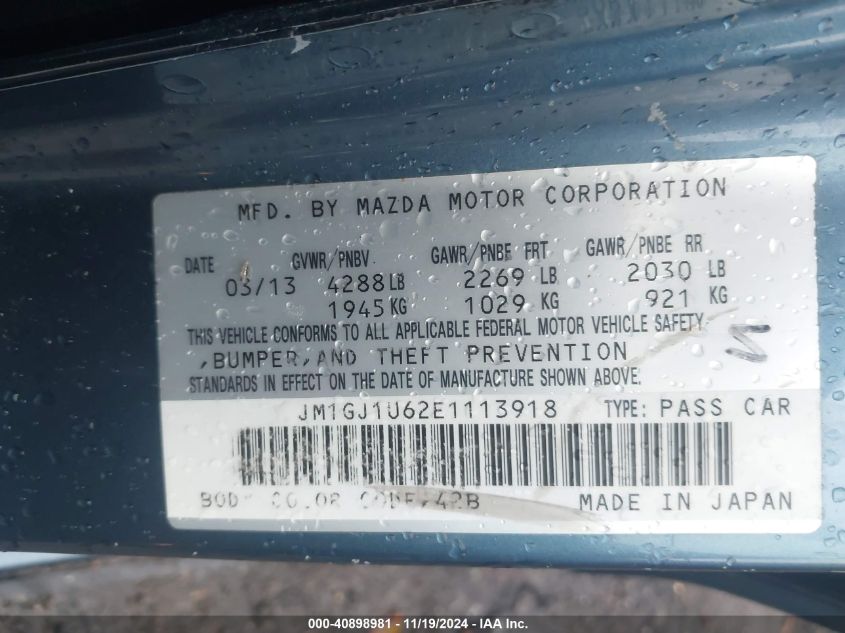 2014 MAZDA MAZDA6 VIN: JM1GJ1U62E1113918