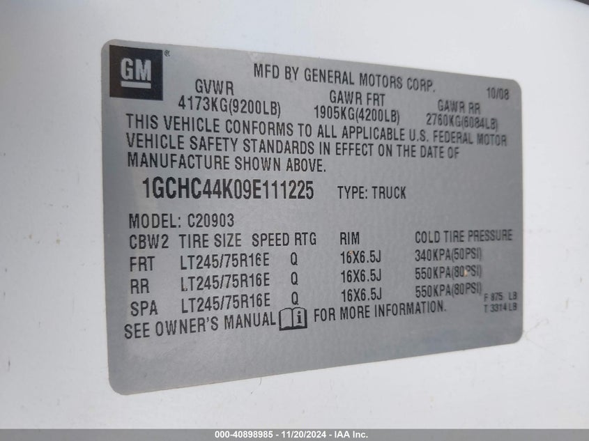 2009 CHEVROLET SILVERADO VIN: 1GCHC44K09E111225
