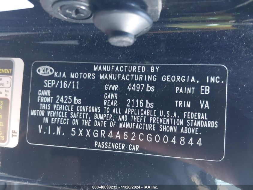 2012 Kia Optima Sx VIN: 5XXGR4A62CG004844 Lot: 40899232