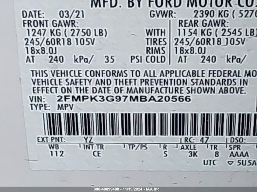 2021 Ford Edge Se VIN: 2FMPK3G97MBA20566 Lot: 40899408