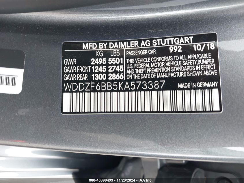 2019 Mercedes-Benz Amg E 53 4Matic VIN: WDDZF6BB5KA573387 Lot: 40899499