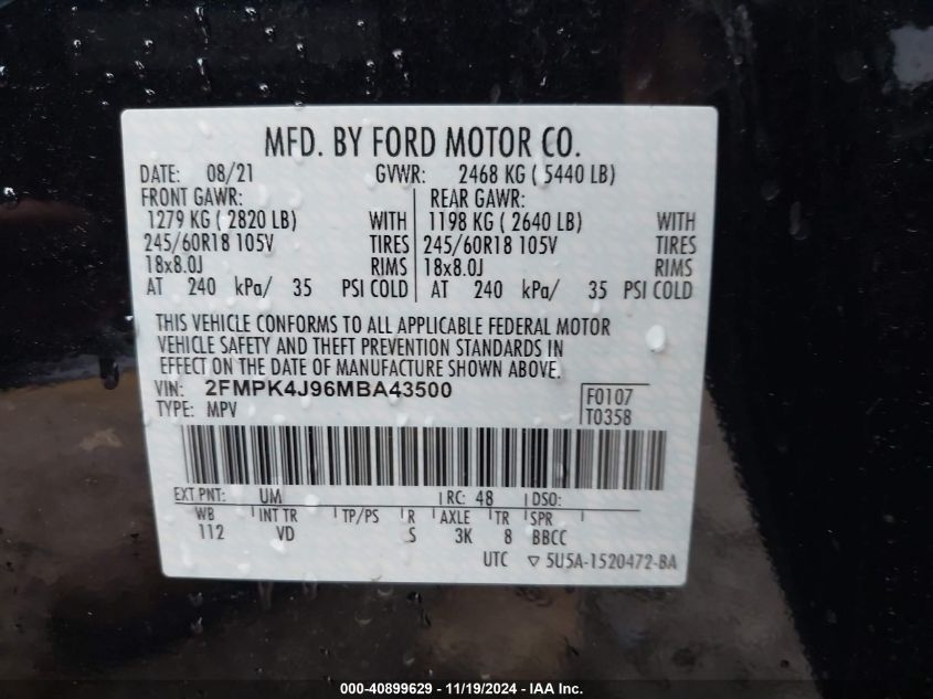 2021 Ford Edge Sel VIN: 2FMPK4J96MBA43500 Lot: 40899629