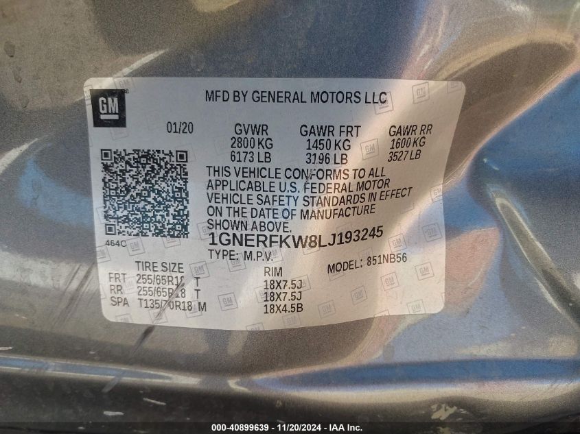 2020 Chevrolet Traverse Fwd Ls VIN: 1GNERFKW8LJ193245 Lot: 40899639