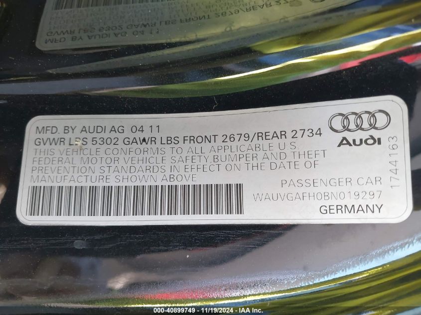 2011 Audi S5 3.0 Premium Plus VIN: WAUVGAFH0BN019297 Lot: 40899749