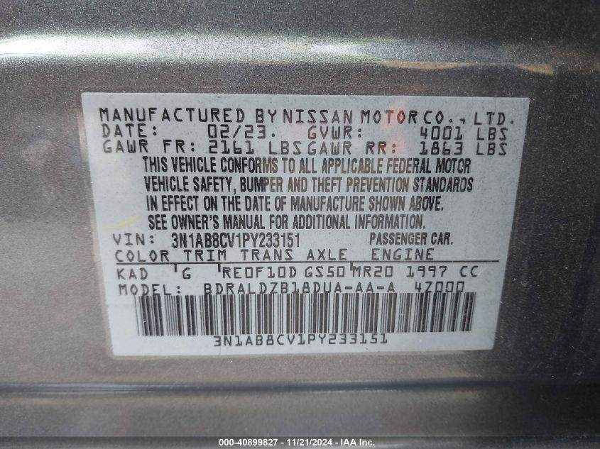 2023 NISSAN SENTRA VIN: 3N1AB8CV1PY233151