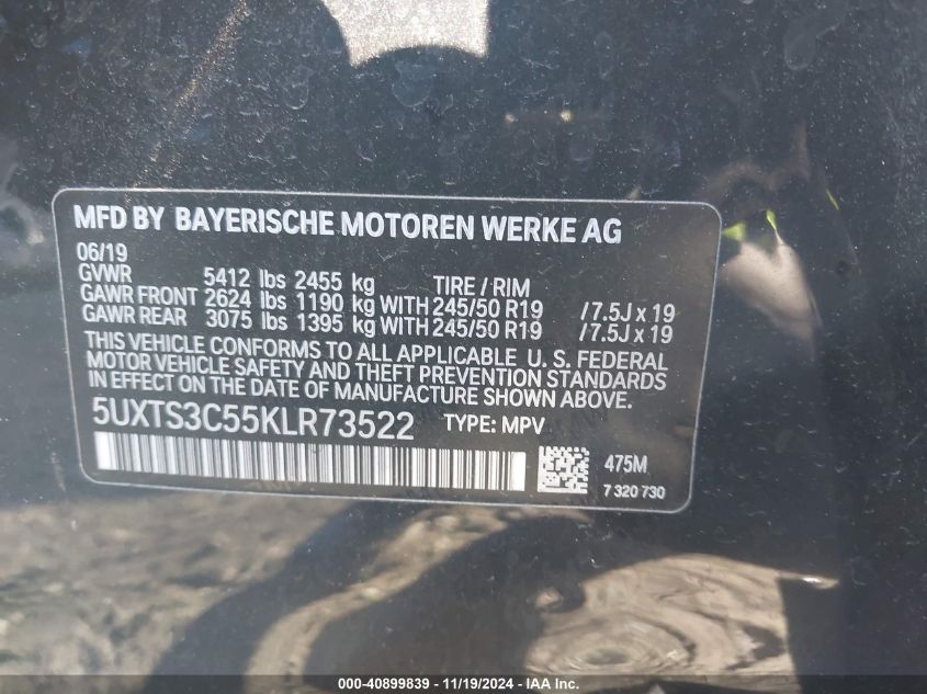 VIN 5UXTS3C55KLR73522 2019 BMW X3, M40I no.9