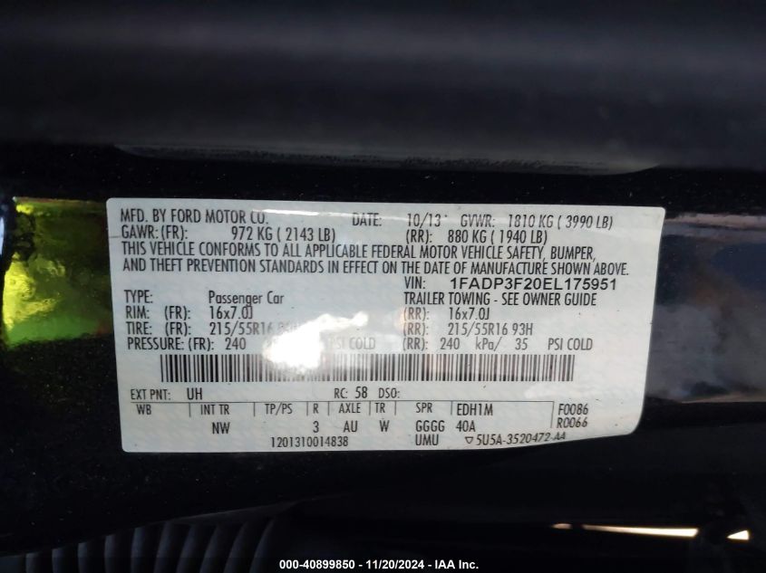 VIN 1FADP3F20EL175951 2014 FORD FOCUS no.9