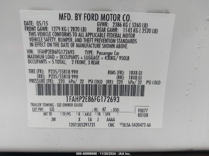 2015 Ford Taurus Sel VIN: 1FAHP2E86FG172693 Lot: 40899856