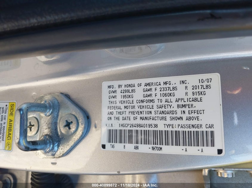 2008 HONDA ACCORD VIN: 1HGCP26498A019538