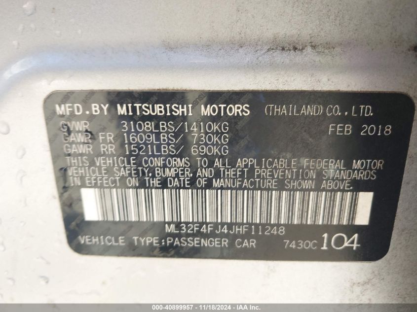 2018 Mitsubishi Mirage G4 Se VIN: ML32F4FJ4JHF11248 Lot: 40899957