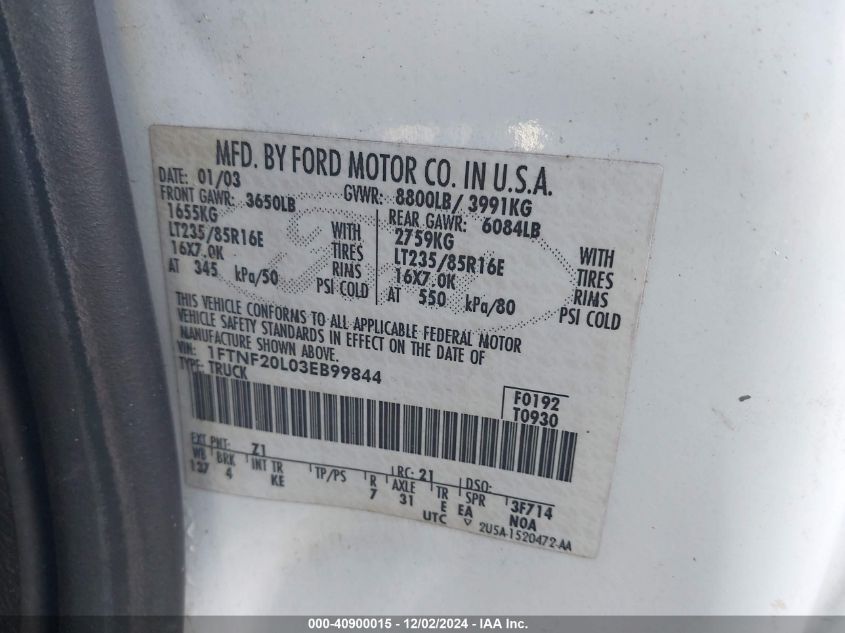 2003 Ford F-250 Xl/Xlt VIN: 1FTNF20L03EB99844 Lot: 40900015