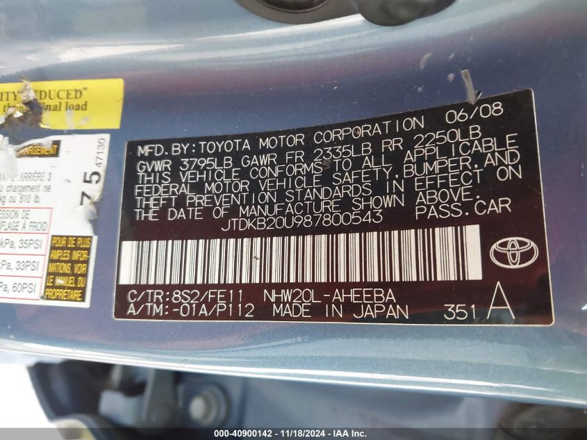 2008 TOYOTA PRIUS VIN: JTDKB20U987800543
