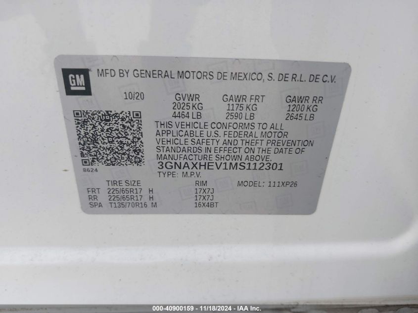 2021 Chevrolet Equinox Fwd Ls VIN: 3GNAXHEV1MS112301 Lot: 40900159