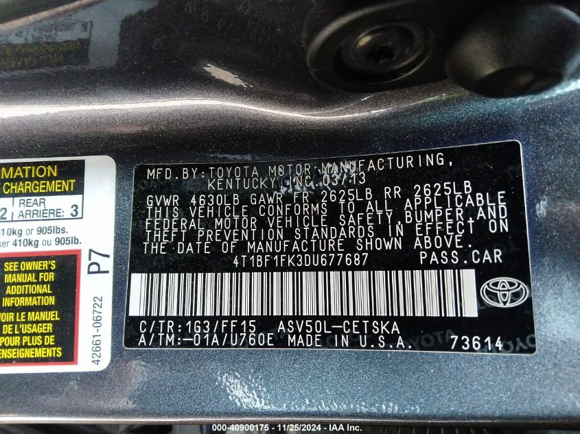 VIN 4T1BF1FK3DU677687 2013 Toyota Camry, SE no.9