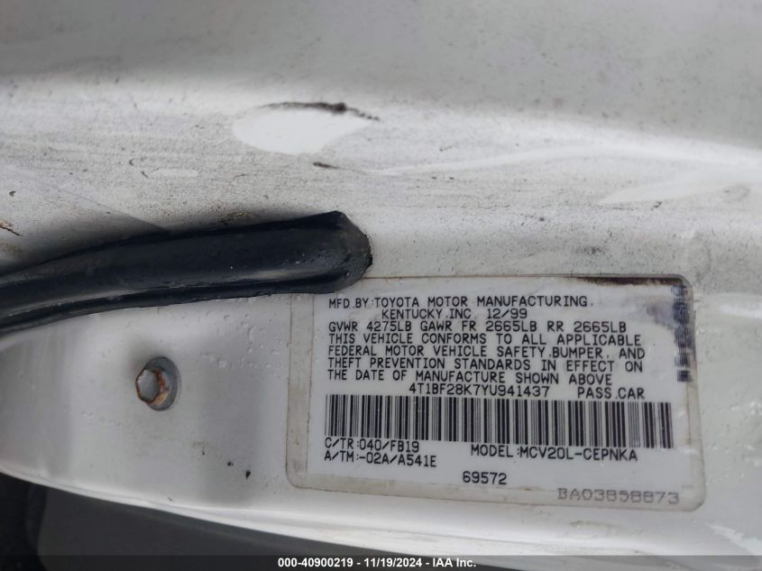 2000 Toyota Camry Le V6 VIN: 4T1BF28K7YU941437 Lot: 40900219