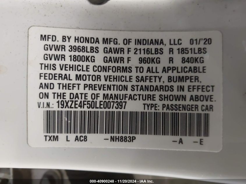 2020 Honda Insight Ex VIN: 19XZE4F50LE007397 Lot: 40900248