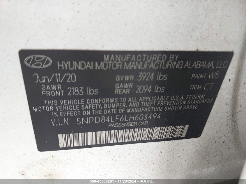 2020 Hyundai Elantra Value Edition VIN: 5NPD84LF6LH603494 Lot: 40900281