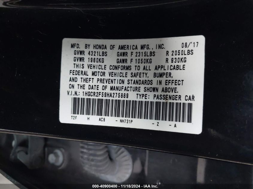 VIN 1HGCR2F59HA275889 2017 Honda Accord, Sport no.9