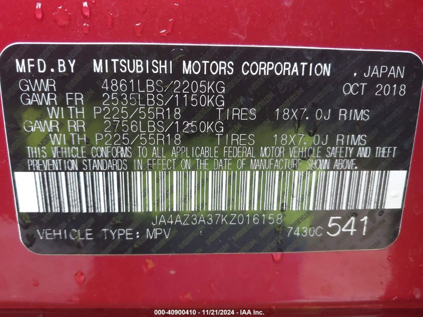 VIN JA4AZ3A37KZ016158 2019 Mitsubishi Outlander, SE no.9