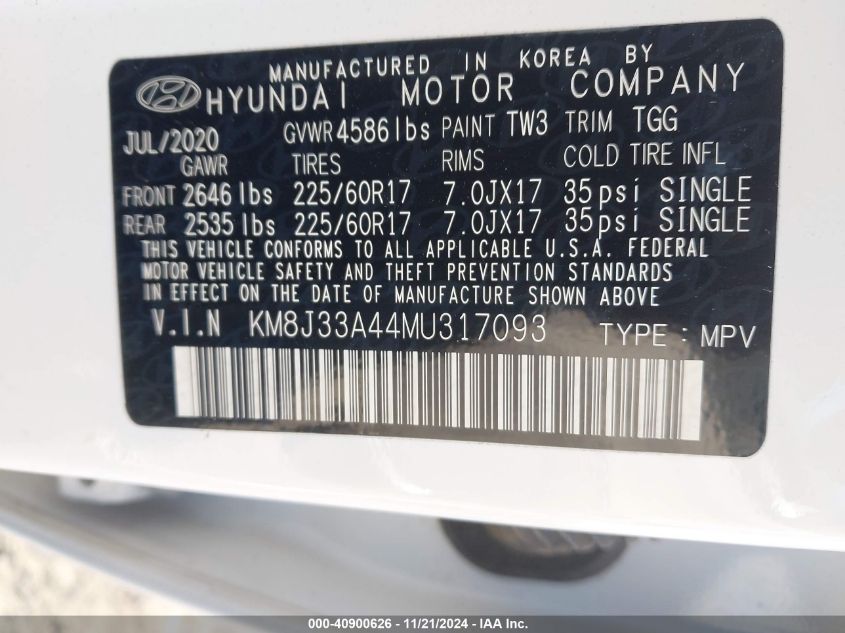 2021 Hyundai Tucson Value VIN: KM8J33A44MU317093 Lot: 40900626