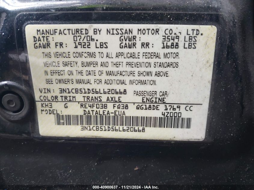 2006 Nissan Sentra 1.8S VIN: 3N1CB51D56L620668 Lot: 40900637