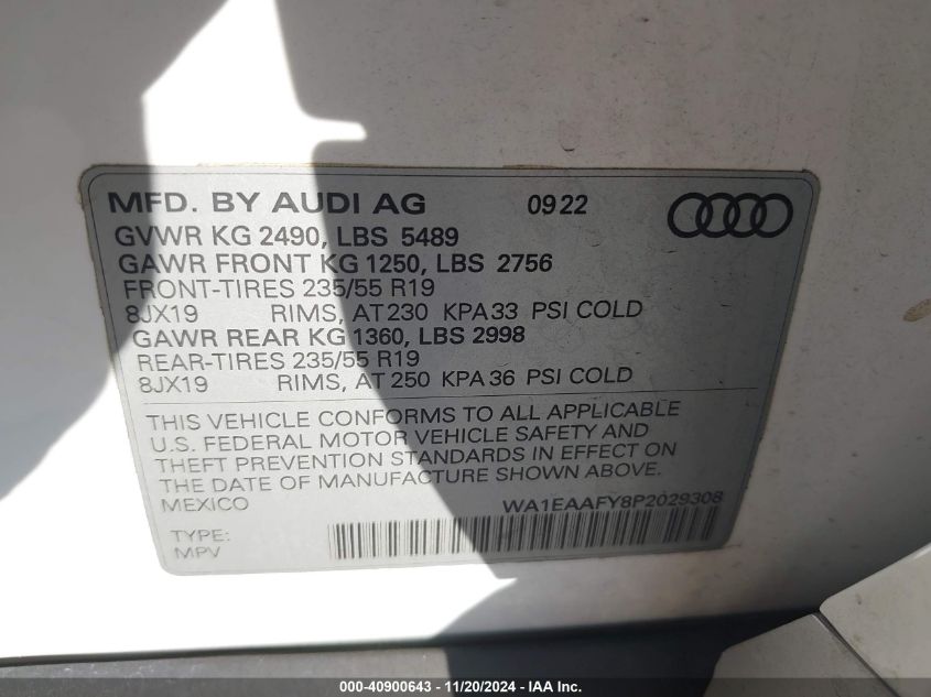 2023 Audi Q5 Premium Plus 45 Tfsi S Line Quattro VIN: WA1EAAFY8P2029308 Lot: 40900643