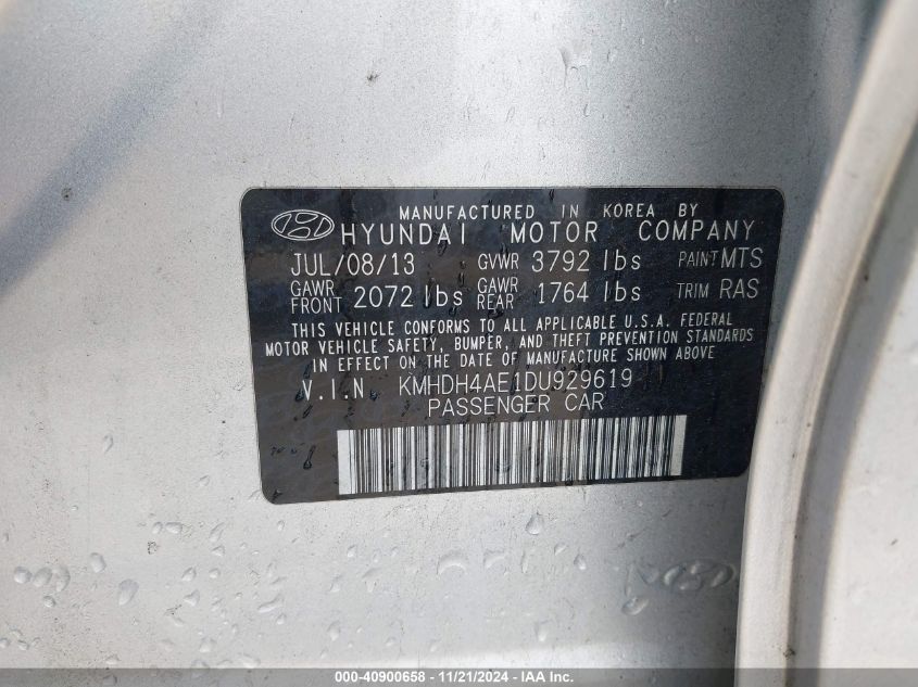 2013 Hyundai Elantra Gls VIN: KMHDH4AE1DU929619 Lot: 40900658