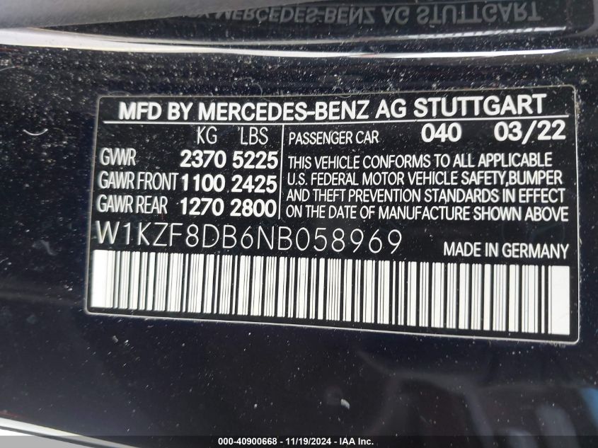 2022 Mercedes-Benz E 350 VIN: W1KZF8DB6NB058969 Lot: 40900668