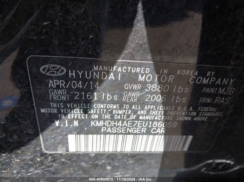 2014 Hyundai Elantra Se VIN: KMHDH4AE7EU186059 Lot: 40900670