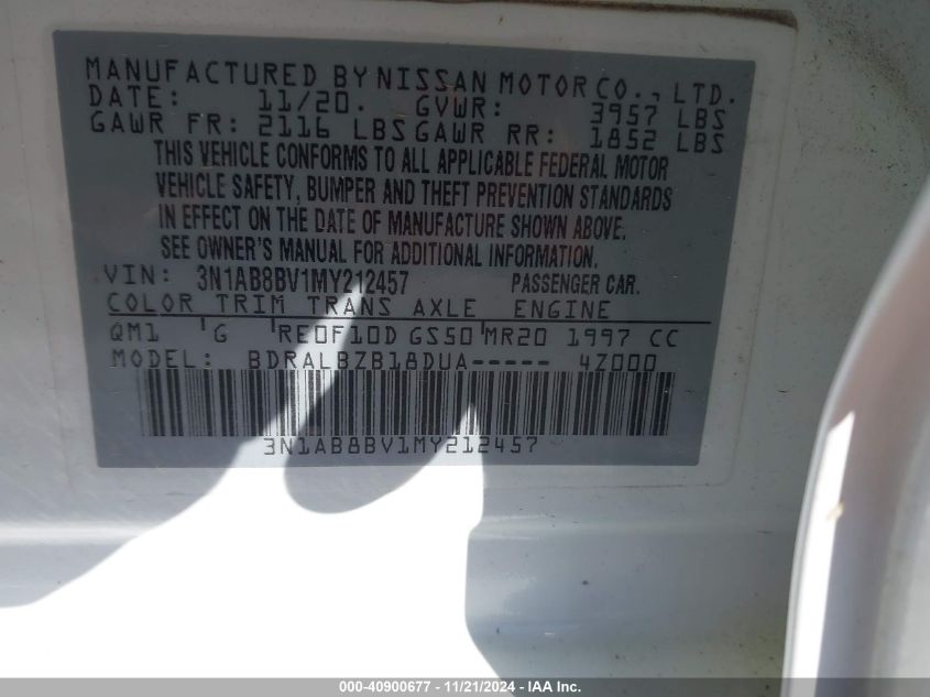 2021 Nissan Sentra S Xtronic Cvt VIN: 3N1AB8BV1MY212457 Lot: 40900677