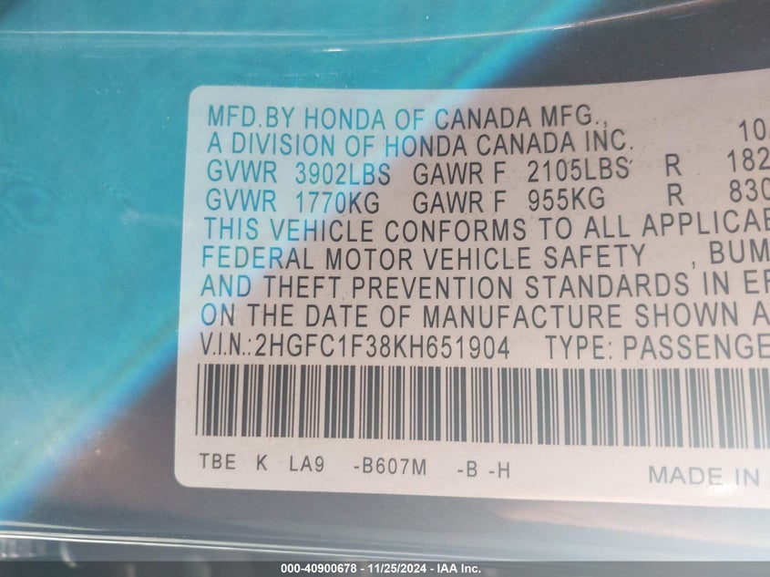 2019 HONDA CIVIC VIN: 2HGFC1F38KH651904