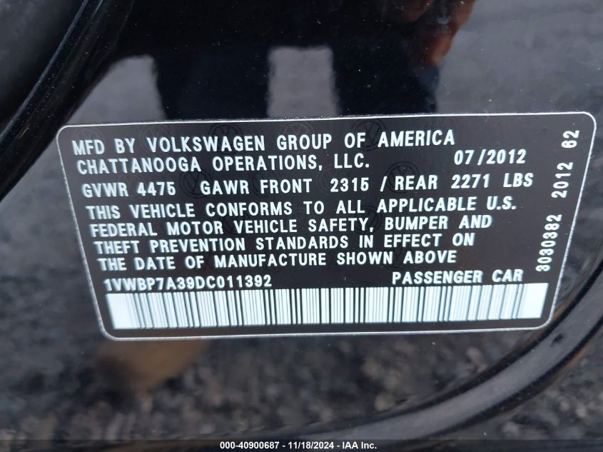 2013 VOLKSWAGEN PASSAT SE W/SUNROOF - 1VWBP7A39DC011392