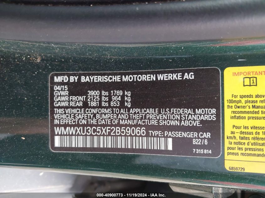 2015 MINI HARDTOP VIN: WMWXU3C5XF2B59066