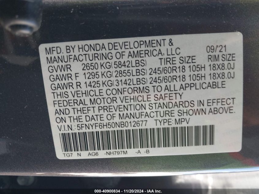 2022 Honda Pilot Awd Ex-L VIN: 5FNYF6H50NB012677 Lot: 40900834