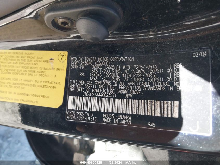 2004 Toyota Highlander V6 VIN: JTEGP21A440023571 Lot: 40900928