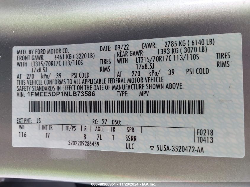 2022 Ford Bronco Wildtrak VIN: 1FMEE5DP1NLB73586 Lot: 40900951