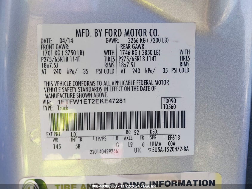 2014 FORD F150 VIN: 1FTFW1ET2EKE47281