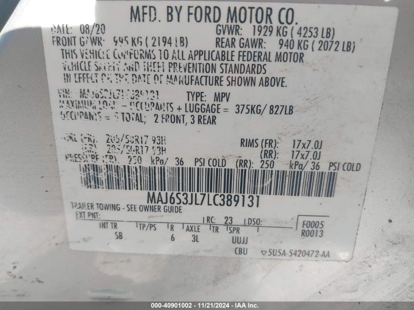 2020 Ford Ecosport Ses VIN: MAJ6S3JL7LC389131 Lot: 40901002