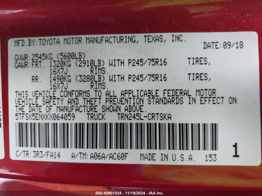 2019 TOYOTA TACOMA VIN: 5TFSX5ENXKX064059
