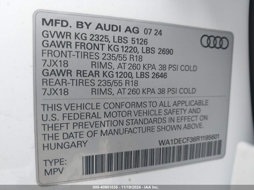 2024 Audi Q3 Premium 45 Tfsi S Line Quattro Tiptronic VIN: WA1DECF36R1185601 Lot: 40901035