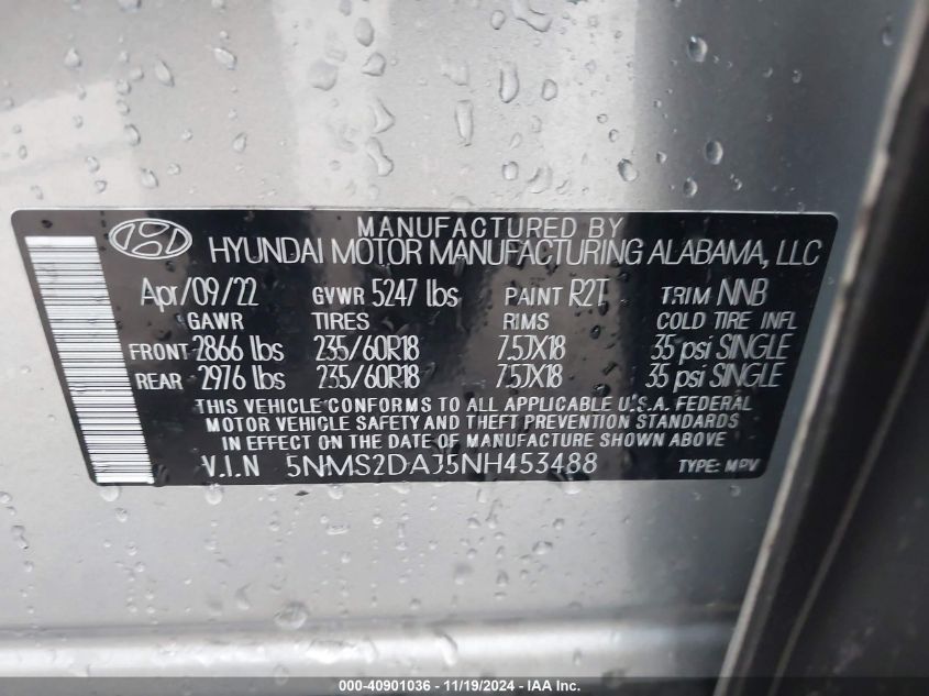 2022 Hyundai Santa Fe Sel VIN: 5NMS2DAJ5NH453488 Lot: 40901036