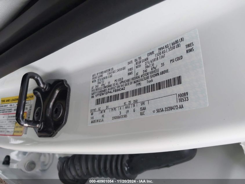 VIN 1FTEW1EP4LFB98342 2020 FORD F-150 LARIAT