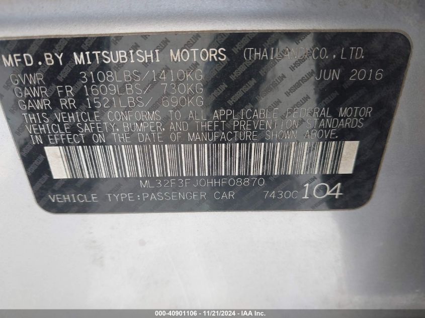 2017 Mitsubishi Mirage G4 Es VIN: ML32F3FJ0HHF08870 Lot: 40901106